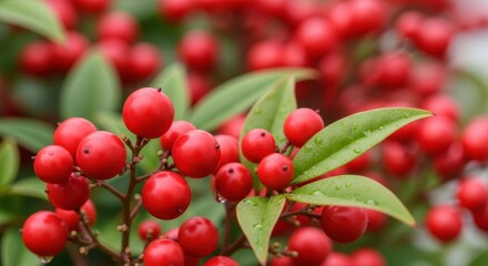 Obraz premium Vibrant heavenly bamboo nandina domestica displays its radiant red berries and verdant foliage