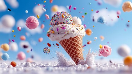 A dynamic and vibrant scene featuring multiple ice cream scoops in various colors, some with sprinkles, suspended in mid-air against a bright blue sky with fluf