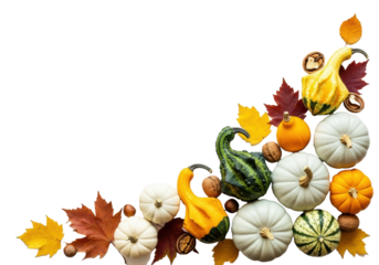 Ultra-detailed still life of perfectly ripe autumn pumpkins (pale blue, dark green), gourds, vibrant russet leaves, and nuts on a transparent background with copy space. Cozy autumn harvest atmosphere