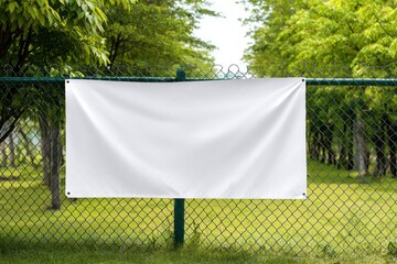 Stylish photo of blank white banner on green chainlink fence in park, ready for custom message