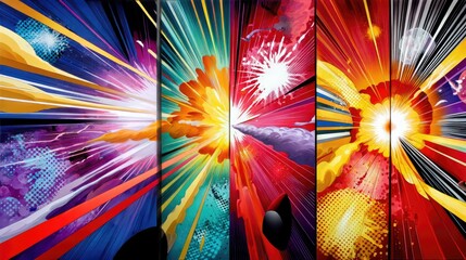 A vibrant, dynamic visual depicting multiple explosions with radiating light beams and abstract shapes in a comic book art style.