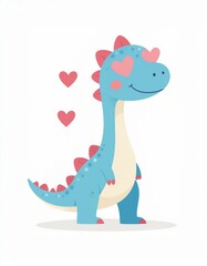 Obraz premium A cute cartoon dinosaur with hearts, showcasing a joyful expression and vibrant colors, appealing to children and lovers of playful illustrations.