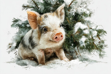 cute baby pig sitting with Christmas tree, cute holiday element, a watercolor style, soft tones, isolated on white background 