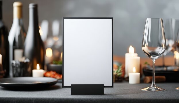 Stylish photo of blank menu card mockup on an elegant dinner table with candles and wine