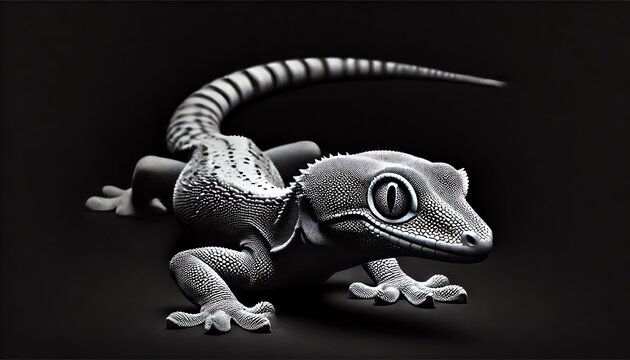 A dramatic black and white portrait of a gecko, centered, with a dark black background