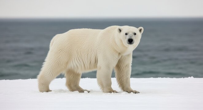 Majestic polar bear standing tall amidst the arctic landscape near the icy sea