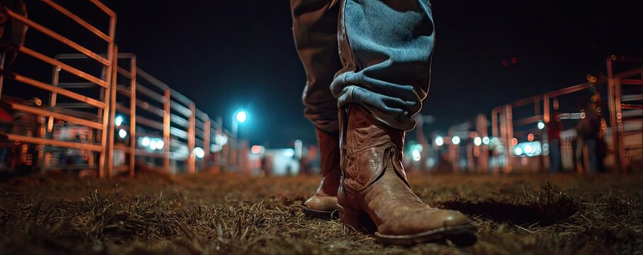 Country music festival featuring boots and ranch stables concept. Cowboy boots stand in the arena during a nighttime rodeo event.