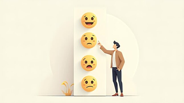A character standing next to a vertical panel of floating mood emojis, tapping the positive one to symbolize choosing better thoughts. Vector pastel style, soft shapes, smooth outlines, conceptual psy