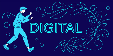 Neon Digital Transformation Banner with Botanical Line Art