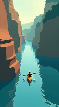 Minimal flat illustration of a person kayaking through a narrow river gorge, layered cliffs similar to the paragliding style, top-down sunlight, smooth water reflections, bold contrast, limited colors