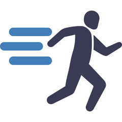 Silhouette of a dark blue person running with blue speed lines representing fast motion and movement on a transparent background