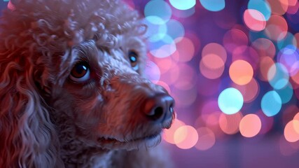 A poodle is looking at the camera. The dog has a black nose. Poodle looking at sparkly lights, dreamy christmas vibe