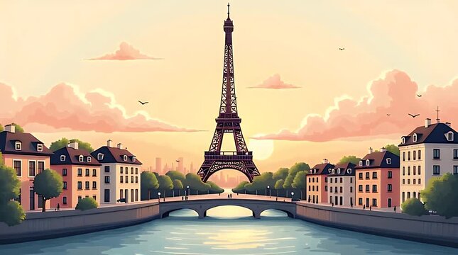 A beautifully stylized flat illustration of Paris featuring the Eiffel Tower, Seine River, charming roofs, pastel buildings, warm sunset sky, and elegant geometric simplicity.
