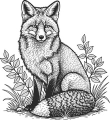Engraving style wild fox sitting calmly amidst forest foliage on a black background