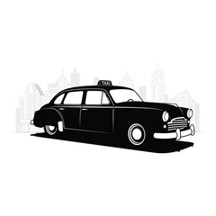 Classic black and white taxi illustration with a vintage charm, set against a city skyline isolated on white background for retro transportation themes