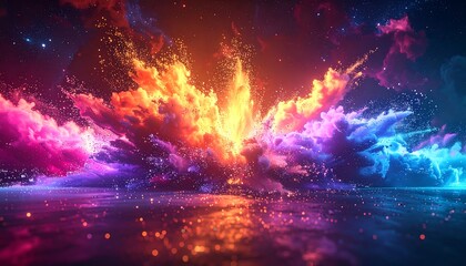Explosion of vibrant color, clouds radiating light across a dark plain