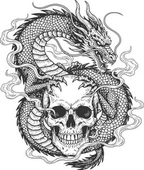 Intricate mythical dragon intertwined with a human skull for fantasy and gothic themes