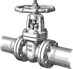 Industrial gate valve on pipe system for plumbing and fluid control isolated on black