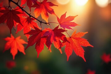 Crimson red maple leaves cluster on branches, autumn sunlight , garden, nature photography