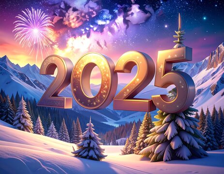 Festive digital art featuring a snowy landscape and the numbers 2025