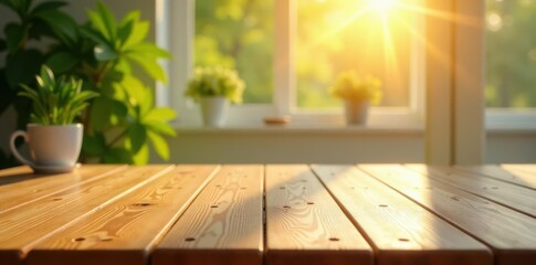 Gleaming polished wood tabletop Spacious, spotless, sunlit setting , table, minimal, surface