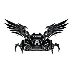 A futuristic car with mechanical wings and claws, isolated on white background, showcasing a blend of automotive and robotic design elements in black and white