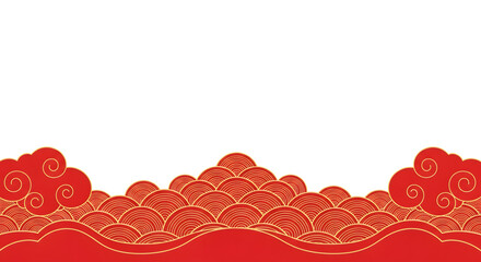 Elegant red and gold chinese new year background with traditional cloud and wave patterns isolated on white background for festive celebrations and cultural designs