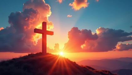 Glowing clouds frame cross on hilltop at sunset, symbolic of faith, hope, martyrdom, belief