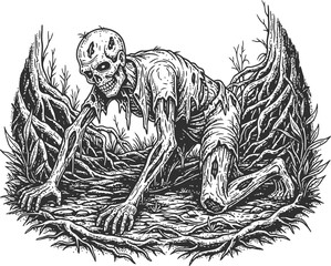 Monstrous shadowy figure emerging from a dense thicket of dark, twisted vegetation