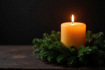 Single burning candle on evergreen wreath, deep shadows , year, belief, holy