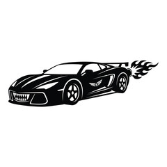 A black sports car with flames and sharp teeth, isolated on white background, embodying a fierce and aggressive design for speed and performance enthusiasts