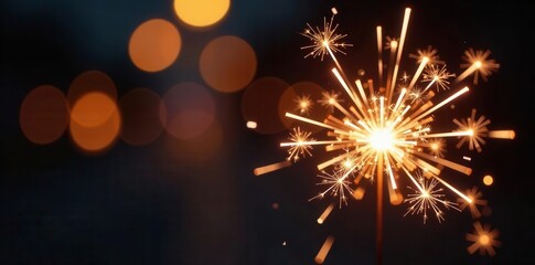 Sparkler's bright fiery trail against blurred celebratory lights , vibrant, winter holidays