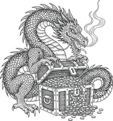 Mythological dragon guarding a treasure chest overflowing with gold coins and smoke
