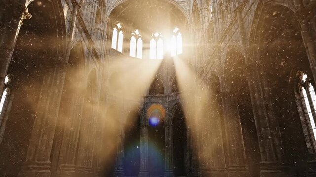 Sun rays through gothic cathedral ruin.