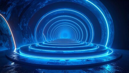 Futuristic circular tunnel with illuminated blue neon rings