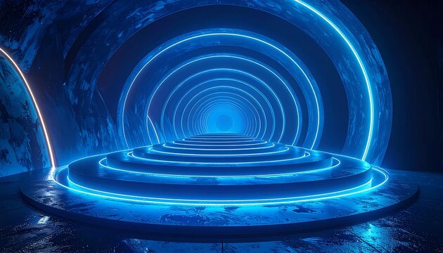 Futuristic circular tunnel with illuminated blue neon rings