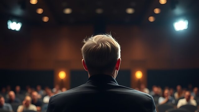 listener. A lone listener in an auditorium, attentively focused under a soft spotlight from above. wellbeing guides, coaching materials, designed for coaching and self-improvement content.