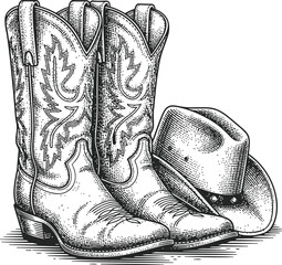 Rustic cowboy boots with traditional western stitching isolated on dark background