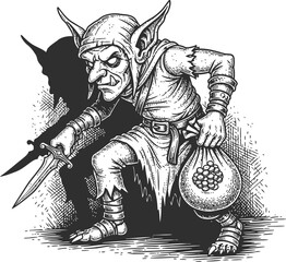 Sinister goblin creature with pointed ears holding a blade and a money bag