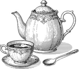 Vintage engraving of a classic tea set featuring a teapot, teacup, and spoon.
