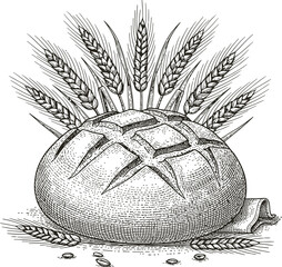 Vintage bread loaf with wheat stalks illustration for bakery and food concepts