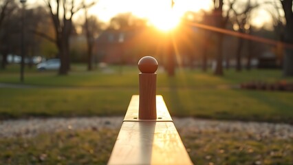 fulcrum. Wooden seesaw in a peaceful park at golden hour, showing perfect equilibrium. event key visuals, club posters, designed for sports event promotions and stadium branding.