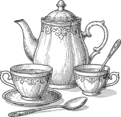 Vintage tea set illustration with teapot two cups and spoons for classic beverage serving