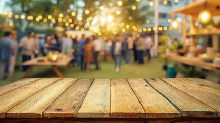 A wooden table set against the backdrop of a sunset barbecue party.