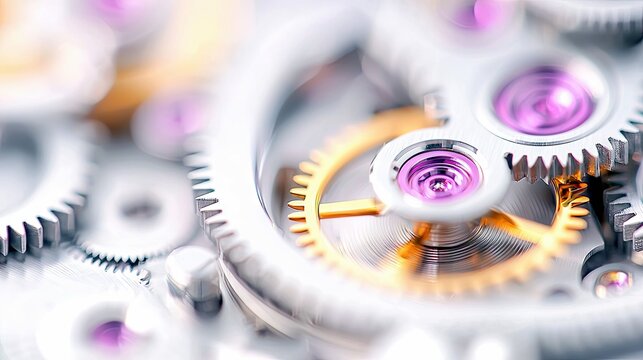 A detailed, macro view of the internal mechanism of a watch, featuring interlocking gears, jewels, and metallic components.