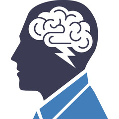 Silhouette of a human head profile with a stylized white brain and a lightning bolt inside representing a sudden idea or thought process rendered in dark blue and bright blue on a transparent