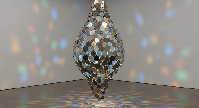 Abstract hanging sculpture with reflective surfaces in a gallery setting - Powered by Adobe