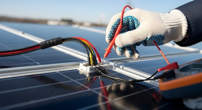 Close-up of a technician's hand testing solar panel wiring with a multimeter on a sunny day.