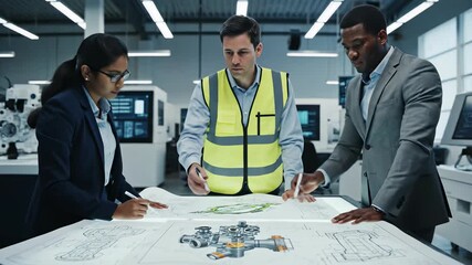 Industrial Team Analyzing Blueprint, Conceptualizing Innovative Solutions for Manufacturing, Engineering, or Science Applications in 4K UHD, Perfect for Cooking Show Backgrounds.