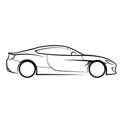 Side view of a modern sports car outline isolated on white background, showcasing sleek design and aerodynamic features in a minimalist black and white illustration